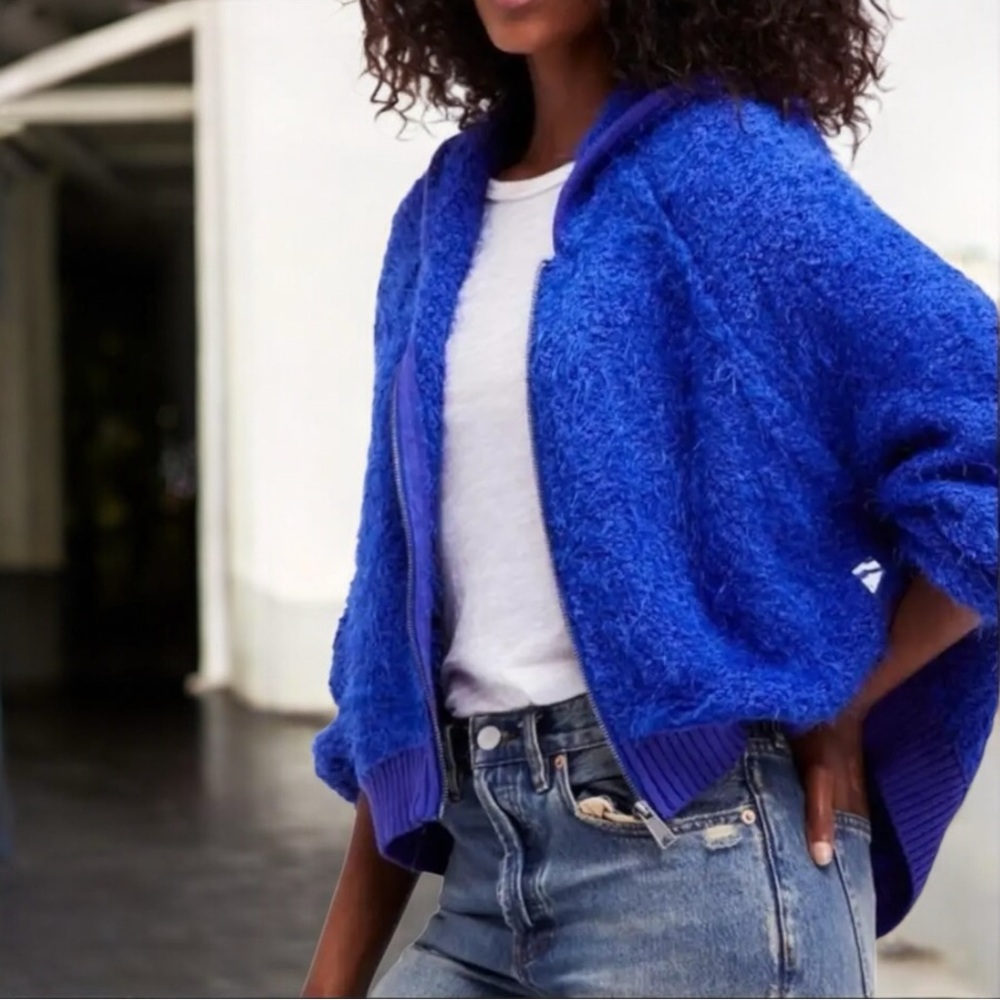 Free People Furry Time Oversized Hooded Zip Up Cozy Sweater Jacket Blue  L